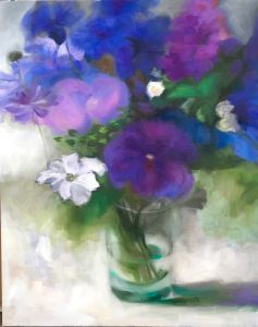 Blaue Blumen in Vase, 100 cm x 80 cm/ März 2019/ Öl auf Lwd.