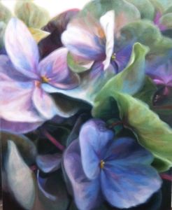Hortensienblüten, grün-blau, 120 cm x 100 cm/ November 2017/Öl auf Lwd.