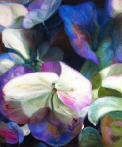 Hortensienblüte, weiss-blau, 120 cm x 100 cm/ Jan./ Febr. 2018/Öl auf Lwd.