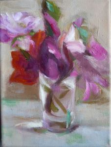 Rot-Violette Blüten,  2014, 24 x 18, Öl a. Lwd.